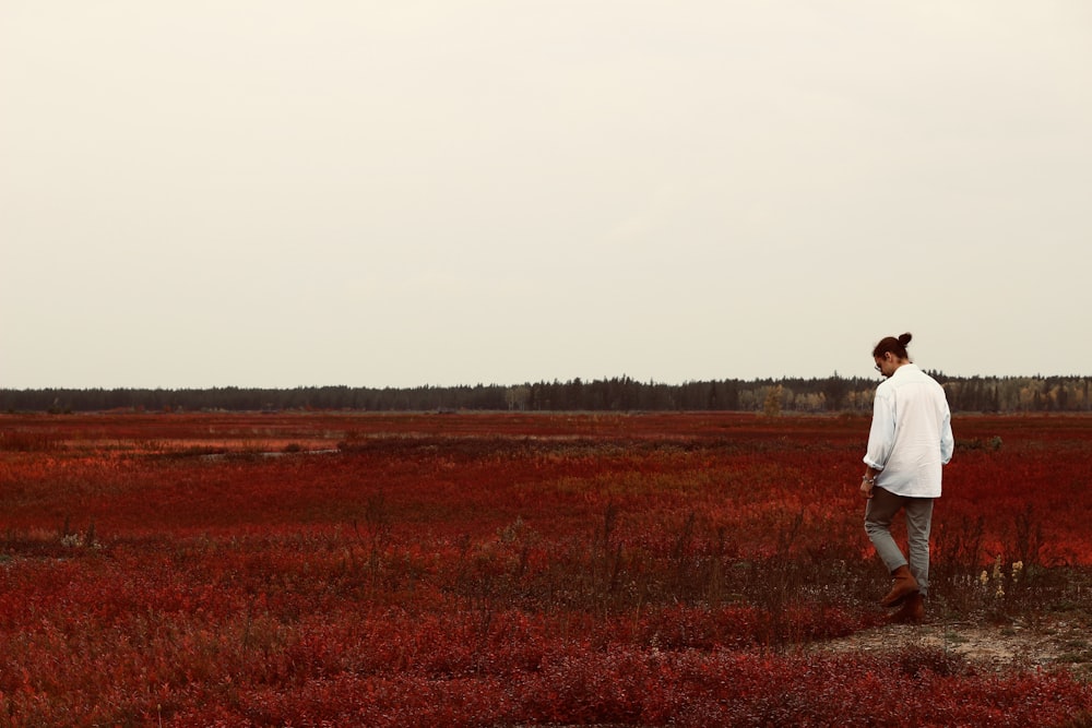 uma pessoa em pé em um campo de grama vermelha