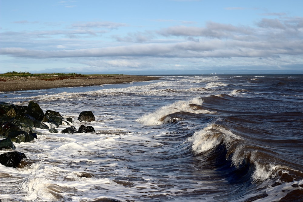 a large body of water next to a rocky shore