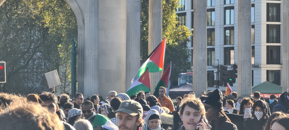 a large group of people walking down a street