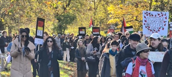 A group of people are participating in a protest or march outdoors. They are holding various signs with slogans such as 'Stop Bombing Gaza', 'Free Palestine', and 'Armistice Today on Armistice Day'. The scene is set in a park with autumn foliage in the background. Most participants are dressed in casual clothing and appear to be engaged and attentive.