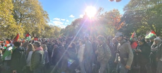 A vibrant campaign rally with supporters holding signs and cheering under bright sunlight.