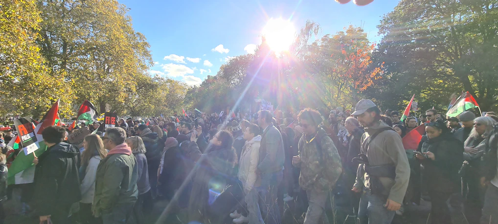 A lively crowd gathered at a Penobscot County Republicans rally, waving American flags under a clear blue sky.