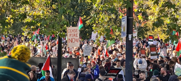 A large crowd gathers outdoors, holding signs and flags with various messages. The scene is filled with people, and many of the signs are related to political activism, such as one reading 'CEASE FIRE NOW.' The setting includes lush green trees, suggesting a park or garden area.