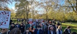 A large group of people are participating in a protest or demonstration in a park. They are holding various signs and banners advocating for political causes related to Palestine. The setting is outdoors on a sunny day, with trees and green grass visible.