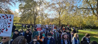 A large group of people are participating in a protest or demonstration in a park. They are holding various signs and banners advocating for political causes related to Palestine. The setting is outdoors on a sunny day, with trees and green grass visible.