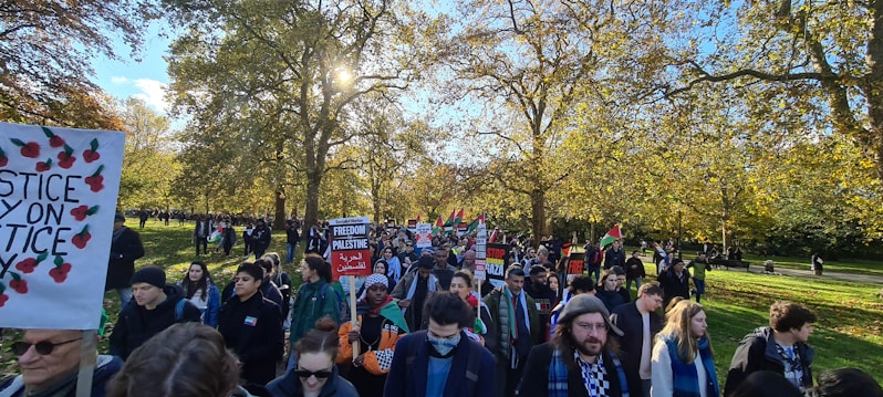 A large group of people are participating in a protest or demonstration in a park. They are holding various signs and banners advocating for political causes related to Palestine. The setting is outdoors on a sunny day, with trees and green grass visible.