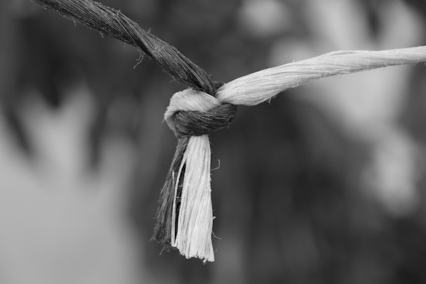 A close-up view of a knot tied with two pieces of rope, one light and one dark, against a blurred background.