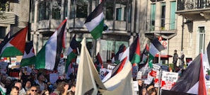 A vibrant street protest in Cameroon advocating for peace and unity.