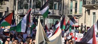 A vibrant street protest in Cameroon advocating for peace and unity.