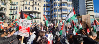 A determined crowd of South Sudanese people holding banners and flags, united in peaceful protest under a bright sky.