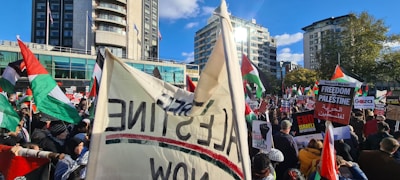 People engaging in a peaceful protest with banners and flags.