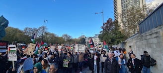 A large group of people is gathered outdoors, holding signs and banners with messages related to Palestine. Many flags are visible, and the crowd is diverse, including men and women. The setting is urban, with tall buildings and trees lining the street under a clear blue sky.