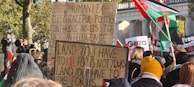 A large group of people gathering outdoors, holding signs with political messages. Some of the signs include messages supporting Palestine, with flags visible in the background. The crowd is diverse, and the setting seems to be in a public area with trees and a stone structure behind.