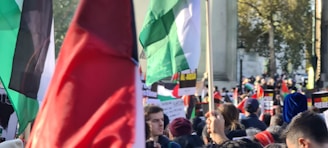 A peaceful demonstration with banners and flags.