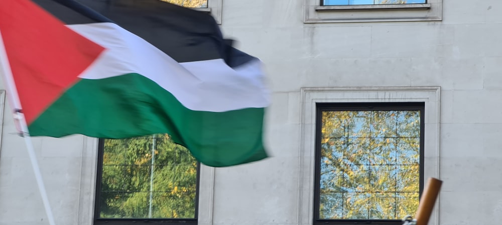 a flag flying in front of a building