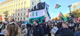 A large group of people is gathered, many holding flags and signs. The flags are predominantly in red, white, green, and black colors. A building with multiple windows is visible in the background, and some trees are nearby. The crowd seems engaged in some form of protest or demonstration.
