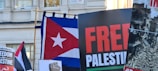 A collection of protest signs and flags, including a Cuban flag and one with 'FREE PALESTINE' text. There is a sign indicating 'Freedom for Palestine' and an image of destruction. The setting appears to be outside a building, with a partially visible street sign in the background.