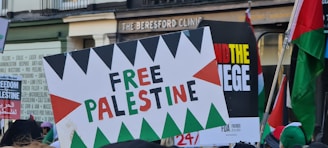 A protest scene with various signs displaying text related to the Palestine issue. The most prominent sign in the center reads 'Free Palestine' with a geometric pattern around the text. Other signs are partially visible, some featuring similar messages advocating for political change. Flags and a crowd of people are present in the backdrop.