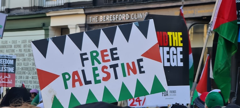 A protest scene with various signs displaying text related to the Palestine issue. The most prominent sign in the center reads 'Free Palestine' with a geometric pattern around the text. Other signs are partially visible, some featuring similar messages advocating for political change. Flags and a crowd of people are present in the backdrop.