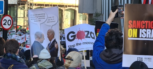 A crowd of people is participating in a protest, holding various signs and placards. Some signs contain slogans advocating for political change, while others display satirical cartoons. The scene is lively, with a mix of banners and diverse individuals.