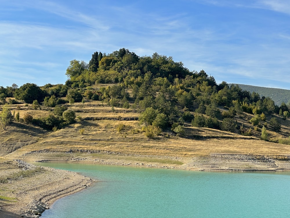 a large body of water sitting below a lush green hillside