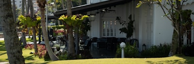 A patio area features several black chairs and tables surrounded by lush, green plants and trees. The building in the background is white with large windows and a covered roof, providing shade to the seating area. The foreground showcases a well-maintained lawn.