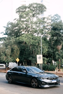 A sleek, dark-colored sedan is parked on a city street. Behind it, lush green trees provide a natural backdrop, and urban buildings peek through the foliage. Road signs, including a pedestrian crossing warning with text in Portuguese, are visible.