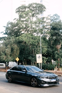 A sleek, dark-colored sedan is parked on a city street. Behind it, lush green trees provide a natural backdrop, and urban buildings peek through the foliage. Road signs, including a pedestrian crossing warning with text in Portuguese, are visible.