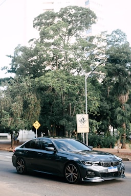 A sleek, dark-colored sedan is parked on a city street. Behind it, lush green trees provide a natural backdrop, and urban buildings peek through the foliage. Road signs, including a pedestrian crossing warning with text in Portuguese, are visible.