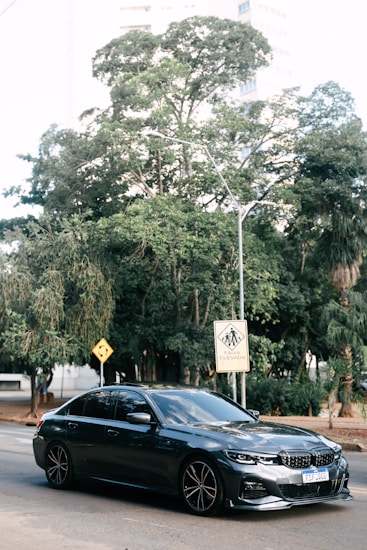 A sleek, dark-colored sedan is parked on a city street. Behind it, lush green trees provide a natural backdrop, and urban buildings peek through the foliage. Road signs, including a pedestrian crossing warning with text in Portuguese, are visible.