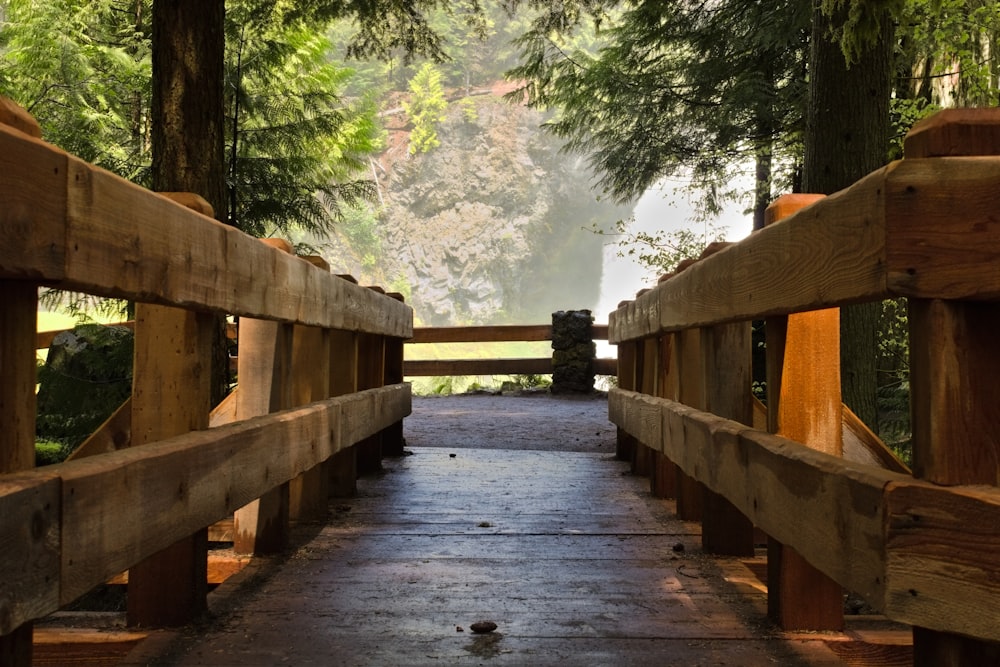 a wooden walkway in the woods leading to a waterfall