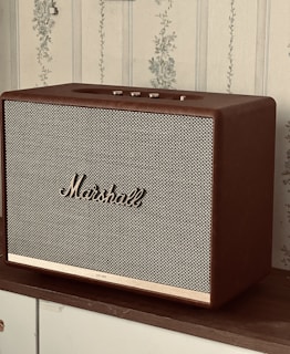 A vintage-style Marshall speaker with a dark wooden casing and a textured front grille sits on a wooden surface. The background features wallpaper with a light floral pattern.