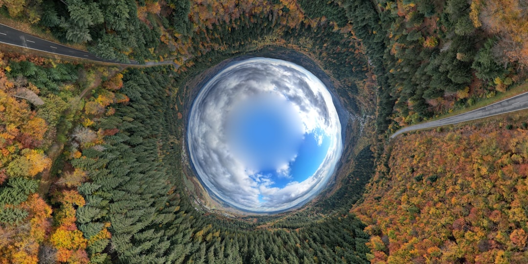an aerial view of a road in the middle of a forest, A unique spherical panoramic view of a forested landscape during autumn, featuring a distorted perspective where the sky forms a circle at the center surrounded by trees with fall foliage, roads, and patches of greenery.