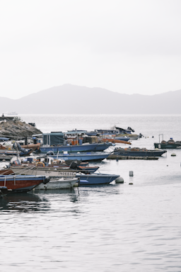 Boats are moored along a calm waterfront, with a rocky shoreline to the left. The background features hazy, rolling hills under an overcast sky. Several boats of varying sizes and colors, including blue and brown ones, are docked in the harbor area.