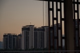 Evening photo capturing the silhouette of a balcony secured with pigeon nets, city lights in the background.
