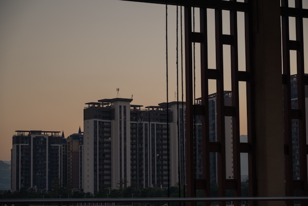 Evening photo capturing the silhouette of a balcony protected by the pigeon net against a city skyline.