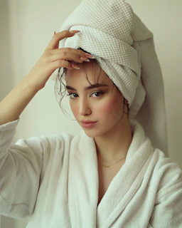 A person wearing a white bathrobe and a towel wrapped around their head, holding a hand to their head with manicured nails. The image is softly lit, with a neutral background.