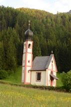 A small, traditional church with a distinctive onion-shaped tower roof, set against a lush forest. The building has soft pastel colors with red trim, and white walls. The surrounding landscape includes a meadow with wildflowers and a dense backdrop of green pine trees under a clear sky.