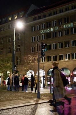 A nighttime urban scene with a group of people standing on a wet street corner near an old building with illuminated windows. The building facade has the words 'Haus der Schweiz' displayed. A bright streetlight casts a glow over the area. Several pedestrians are visible, including a person in motion wearing a coat.
