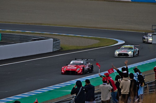 Spectators cheering enthusiastically from the sidelines during a kart race.