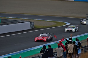 A group of race cars speeds around a track, with spectators watching and cheering from the sidelines. The lead car is red and prominently displays sponsorship logos, while several other cars follow closely behind. The track is surrounded by safety barriers and features colorful painted sections on the pavement. A crowd of people, some with flags, line the edge of the track, creating an atmosphere of excitement and action.