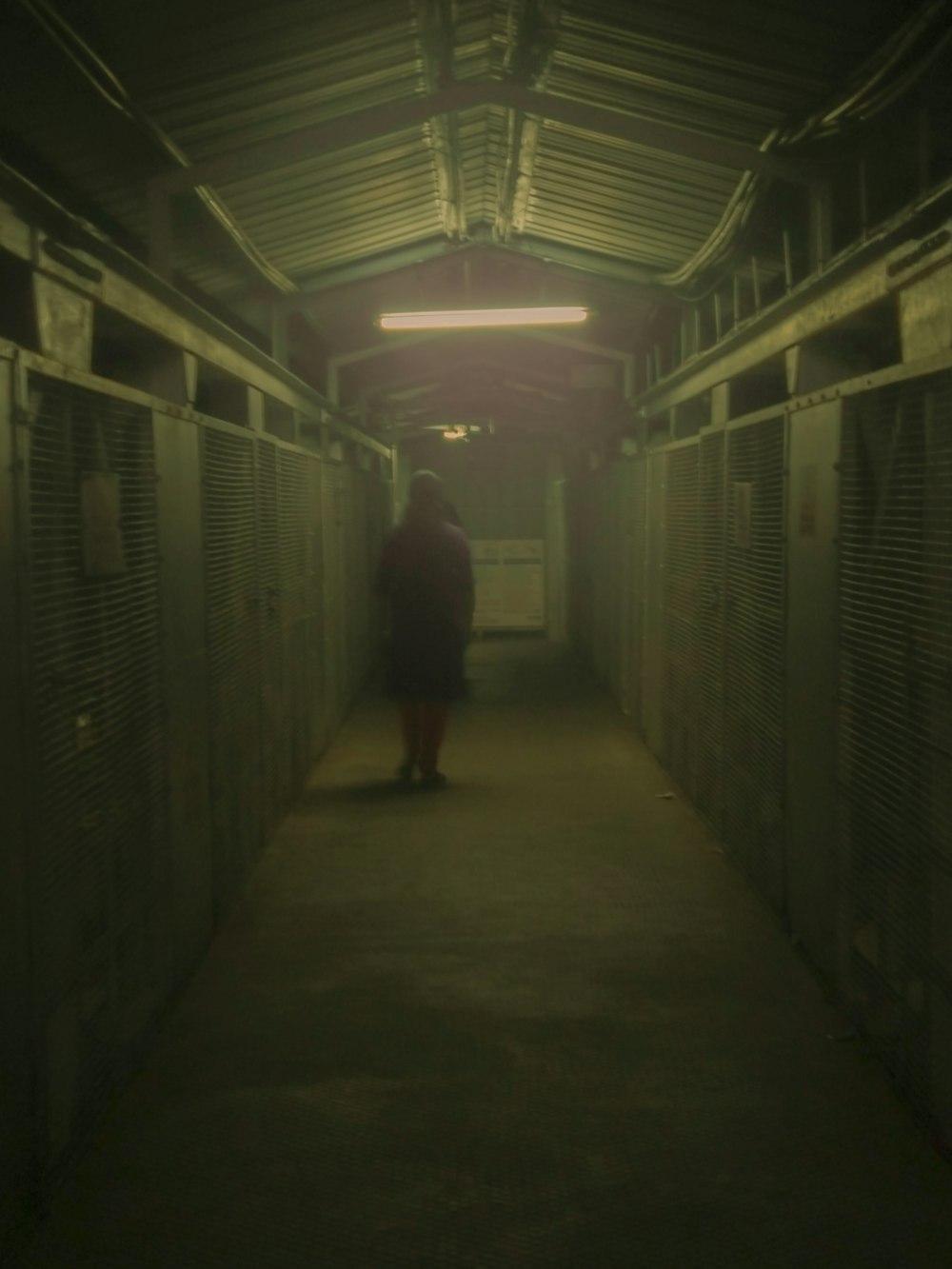 a person walking down a long hallway in a building