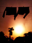 Brightly patterned beachwear hanging on a clothesline with ocean backdrop.
