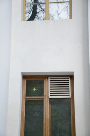 A section of a building facade featuring two windows. The upper window has a wooden frame and is reflecting tree branches. The lower window, also with a wooden frame, includes a decorative green glass pane and a small louvered vent on the side.