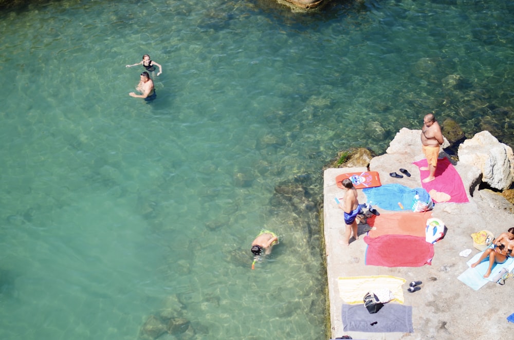 a group of people are swimming in the water