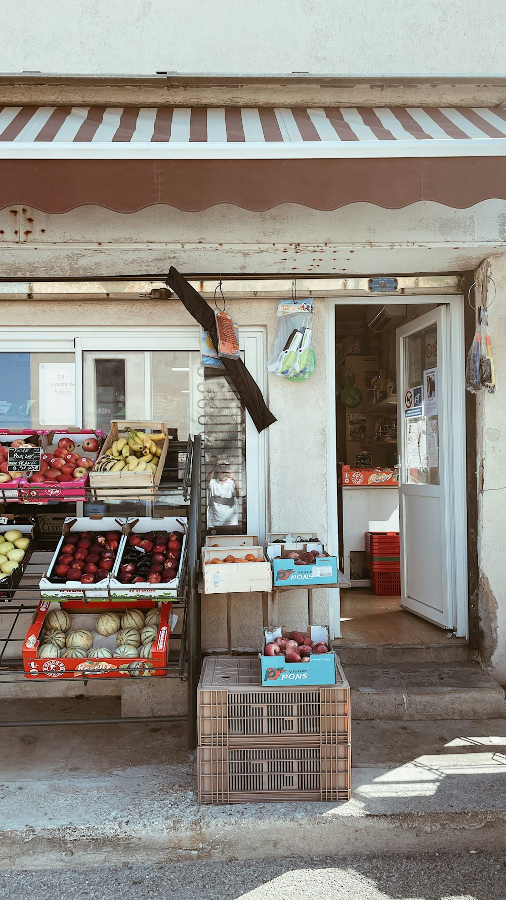 a fruit stand with a variety of fruits on display