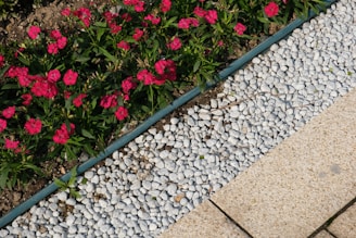 Freshly planted perennial flower clusters bordered by smooth pebbles, highlighting careful attention to detail in design.