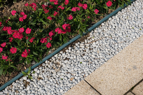 Freshly planted perennial flower clusters bordered by smooth pebbles, highlighting careful attention to detail in design.