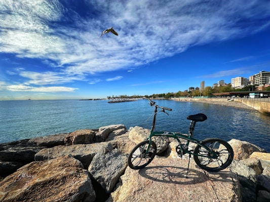 a bike is parked on a rock near the water
