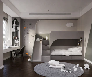 Modern children's room with asymmetric shelving and pastel color palette, highlighting a playful study corner.